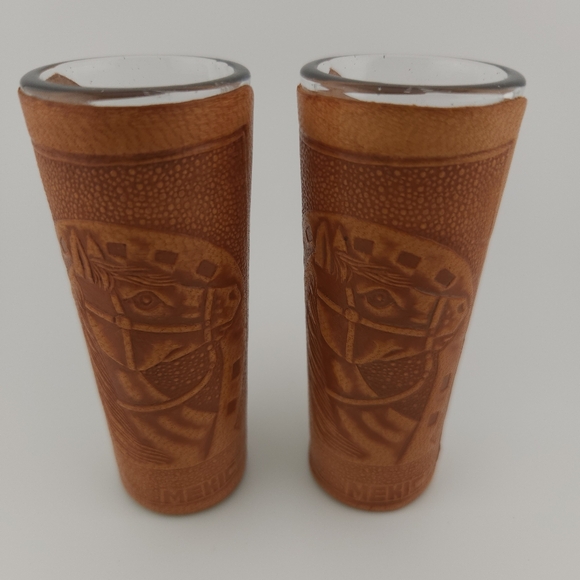 Vintage Leather Wrapped Horse Design Shot Glasses Made in Mexico - Picture 1 of 5